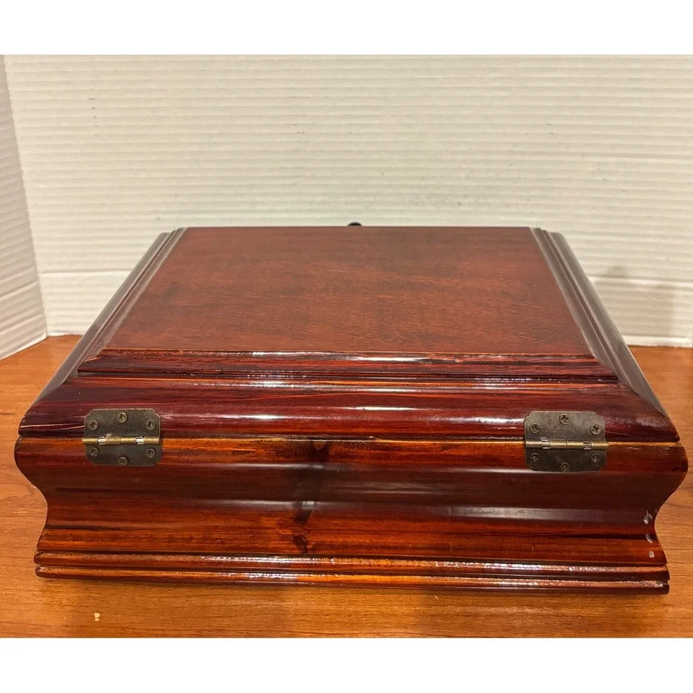Vintage Wooden Keepsake Jewelry Box Cherry Finish Velvet Lined Brass Latch 11.5